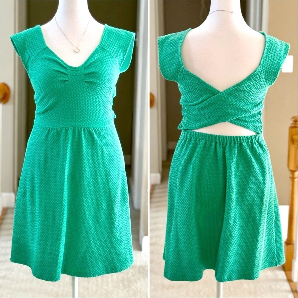 Anthropologie Postmark Green Waffle Knit Cutout Back Flare Dress 12